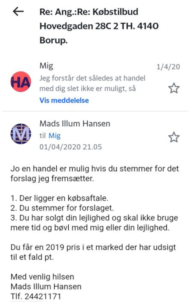 Her er mailen hvor Mads Illum Hansen forsøger at få Heidi Kirkeybye til at være med til at fjerne Paragraf 3.2 fra vedtægterne. Dette afviser hun.